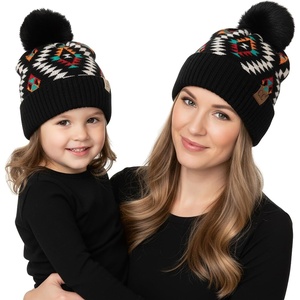 image:imageFunky Junque Mommy amp Me Pom Beanies  Cozy Knit Womens Beanie amp Toddler Girl Winter Hat Set Ages 14 Great SetAztec  Black