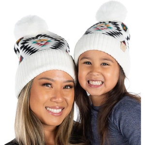 image:imageFunky Junque Mommy amp Me Pom Beanies  Cozy Knit Womens Beanie amp Toddler Girl Winter Hat Set Ages 14 Great SetAztec  White