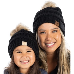 image:imageFunky Junque Mommy amp Me Pom Beanies  Cozy Knit Womens Beanie amp Toddler Girl Winter Hat Set Ages 14 Great SetBlack 2 Pack
