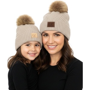 image:imageFunky Junque Mommy amp Me Pom Beanies  Cozy Knit Womens Beanie amp Toddler Girl Winter Hat Set Ages 14 Great SetDiagonal Basketweave  Beige
