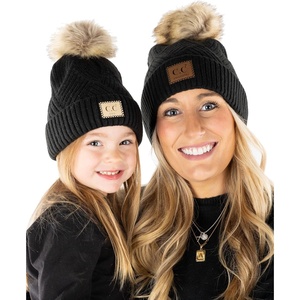 image:imageFunky Junque Mommy amp Me Pom Beanies  Cozy Knit Womens Beanie amp Toddler Girl Winter Hat Set Ages 14 Great SetDiagonal Basketweave  Black