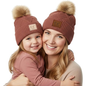 image:imageFunky Junque Mommy amp Me Pom Beanies  Cozy Knit Womens Beanie amp Toddler Girl Winter Hat Set Ages 14 Great SetDiagonal Basketweave  Brick