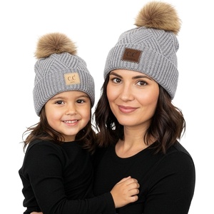 image:imageFunky Junque Mommy amp Me Pom Beanies  Cozy Knit Womens Beanie amp Toddler Girl Winter Hat Set Ages 14 Great SetDiagonal Basketweave  Heather Grey