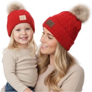 image:imageFunky Junque Mommy amp Me Pom Beanies  Cozy Knit Womens Beanie amp Toddler Girl Winter Hat Set Ages 14 Great SetDiagonal Basketweave  Red