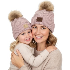 image:imageFunky Junque Mommy amp Me Pom Beanies  Cozy Knit Womens Beanie amp Toddler Girl Winter Hat Set Ages 14 Great SetDiagonal Basketweave  Rose
