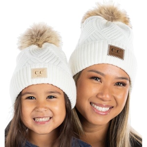 image:imageFunky Junque Mommy amp Me Pom Beanies  Cozy Knit Womens Beanie amp Toddler Girl Winter Hat Set Ages 14 Great SetDiagonal Basketweave  White