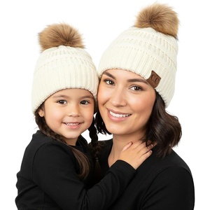 image:imageFunky Junque Mommy amp Me Pom Beanies  Cozy Knit Womens Beanie amp Toddler Girl Winter Hat Set Ages 14 Great SetFaux Fur  Ivory