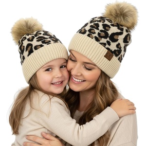 image:imageFunky Junque Mommy amp Me Pom Beanies  Cozy Knit Womens Beanie amp Toddler Girl Winter Hat Set Ages 14 Great SetLeopard  Beige