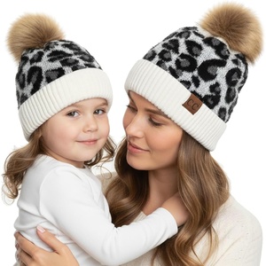 image:imageFunky Junque Mommy amp Me Pom Beanies  Cozy Knit Womens Beanie amp Toddler Girl Winter Hat Set Ages 14 Great SetLeopard  Ivory