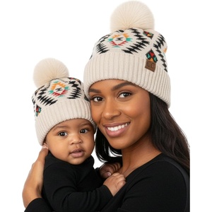 image:imageFunky Junque Mommy amp Me Pom Pom Beanies Set  Infant Baby amp Mom Matching Winter Outfits Warm Newborn amp Womens Beanie HatsAztec  Beige