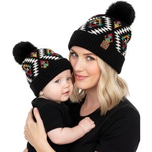 image:imageFunky Junque Mommy amp Me Pom Pom Beanies Set  Infant Baby amp Mom Matching Winter Outfits Warm Newborn amp Womens Beanie HatsAztec  Black