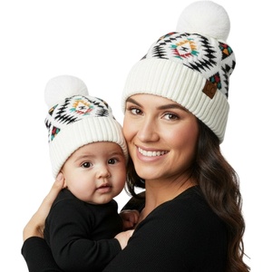 image:imageFunky Junque Mommy amp Me Pom Pom Beanies Set  Infant Baby amp Mom Matching Winter Outfits Warm Newborn amp Womens Beanie HatsAztec  White