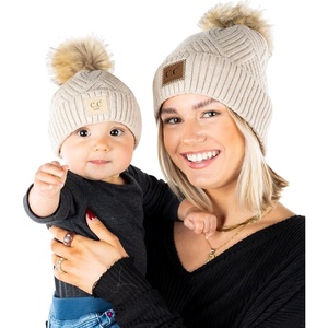image:imageFunky Junque Mommy amp Me Pom Pom Beanies Set  Infant Baby amp Mom Matching Winter Outfits Warm Newborn amp Womens Beanie HatsDiagonal Basketweave  Beige
