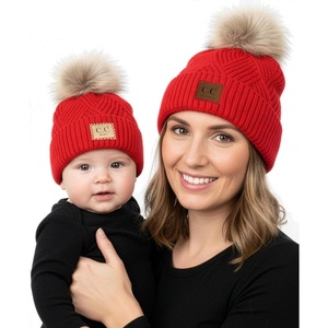 image:imageFunky Junque Mommy amp Me Pom Pom Beanies Set  Infant Baby amp Mom Matching Winter Outfits Warm Newborn amp Womens Beanie HatsDiagonal Basketweave  Red