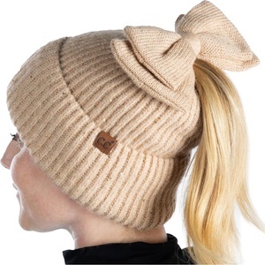 image:imageFunky Junque Ponytail Beanie Hat with Sequin Bow  Warm Stretchy Winter Cap for Women  Winter Neutrals Pastel HuesCamel