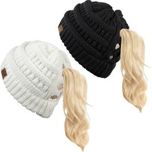 image:imageFunky Junque Ponytail Beanie for Women  Criss Cross High Pony Tail Womens Winter Hat Warm Cute Knit Ponyback Beanies2 Pack  Black  Ivory