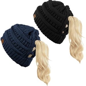 image:imageFunky Junque Ponytail Beanie for Women  Criss Cross High Pony Tail Womens Winter Hat Warm Cute Knit Ponyback Beanies2 Pack  Black  Navy