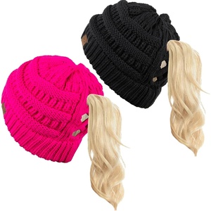 image:imageFunky Junque Ponytail Beanie for Women  Criss Cross High Pony Tail Womens Winter Hat Warm Cute Knit Ponyback Beanies2 Pack  Black  Neon Pink