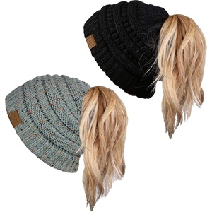 image:imageFunky Junque Ponytail Beanie for Women  Winter Hat Soft Stretch Cable Knit High Pony Tail Womens Running Hats2 Pack  Black  Confetti Dove Grey