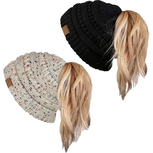 image:imageFunky Junque Ponytail Beanie for Women  Winter Hat Soft Stretch Cable Knit High Pony Tail Womens Running Hats2 Pack  Black  Confetti Oatmeal