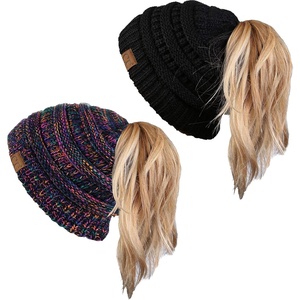 image:imageFunky Junque Ponytail Beanie for Women  Winter Hat Soft Stretch Cable Knit High Pony Tail Womens Running Hats2 Pack  Black  Kaleidoscope