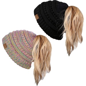 image:imageFunky Junque Ponytail Beanie for Women  Winter Hat Soft Stretch Cable Knit High Pony Tail Womens Running Hats2 Pack  Black  Rainbow 11