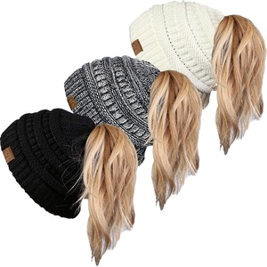 image:imageFunky Junque Ponytail Beanie for Women  Winter Hat Soft Stretch Cable Knit High Pony Tail Womens Running Hats3pack 31  Solid Black  Solid Ivory
