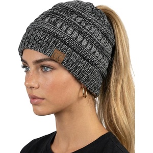 image:imageFunky Junque Ponytail Beanie for Women  Winter Hat Soft Stretch Cable Knit High Pony Tail Womens Running Hats4 Tone Mix  Grey  Black  Beige  Lt French Beige
