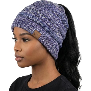 image:imageFunky Junque Ponytail Beanie for Women  Winter Hat Soft Stretch Cable Knit High Pony Tail Womens Running Hats4 Tone Mix  Purple  Navy  Dark Denim  Beige