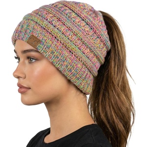 image:imageFunky Junque Ponytail Beanie for Women  Winter Hat Soft Stretch Cable Knit High Pony Tail Womens Running Hats4 Tone Mix  a Yellow  Hot Pink  Turquoise  Pink