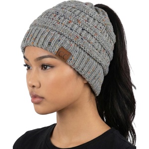 image:imageFunky Junque Ponytail Beanie for Women  Winter Hat Soft Stretch Cable Knit High Pony Tail Womens Running HatsA Confetti Dove Grey Design