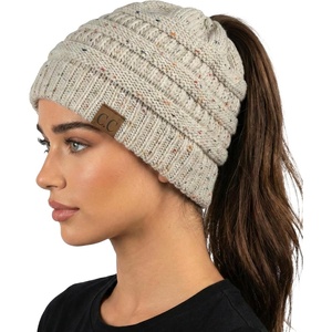 image:imageFunky Junque Ponytail Beanie for Women  Winter Hat Soft Stretch Cable Knit High Pony Tail Womens Running HatsA Confetti Oatmeal Design
