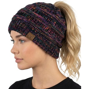image:imageFunky Junque Ponytail Beanie for Women  Winter Hat Soft Stretch Cable Knit High Pony Tail Womens Running HatsA Jet Black Kaleidoscope Tricolor Mix
