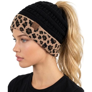image:imageFunky Junque Ponytail Beanie for Women  Winter Hat Soft Stretch Cable Knit High Pony Tail Womens Running HatsA Leopard Print  Black