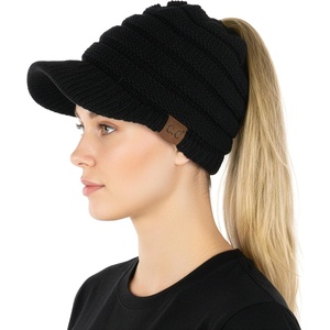 image:imageFunky Junque Ponytail Beanie for Women  Winter Hat Soft Stretch Cable Knit High Pony Tail Womens Running HatsBlack  Brim