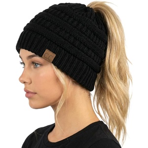 image:imageFunky Junque Ponytail Beanie for Women  Winter Hat Soft Stretch Cable Knit High Pony Tail Womens Running HatsBlack