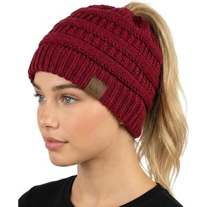 image:imageFunky Junque Ponytail Beanie for Women  Winter Hat Soft Stretch Cable Knit High Pony Tail Womens Running HatsBurgundy
