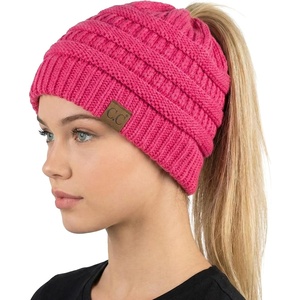 image:imageFunky Junque Ponytail Beanie for Women  Winter Hat Soft Stretch Cable Knit High Pony Tail Womens Running HatsCandy Pink