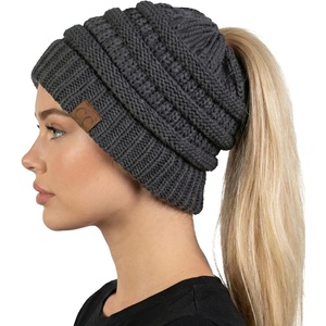 image:imageFunky Junque Ponytail Beanie for Women  Winter Hat Soft Stretch Cable Knit High Pony Tail Womens Running HatsCharcoal