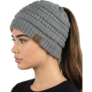 image:imageFunky Junque Ponytail Beanie for Women  Winter Hat Soft Stretch Cable Knit High Pony Tail Womens Running HatsHeather Grey