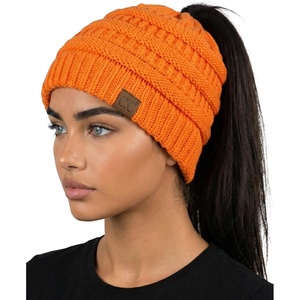 image:imageFunky Junque Ponytail Beanie for Women  Winter Hat Soft Stretch Cable Knit High Pony Tail Womens Running HatsNeon Orange