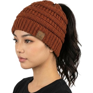 image:imageFunky Junque Ponytail Beanie for Women  Winter Hat Soft Stretch Cable Knit High Pony Tail Womens Running HatsRust