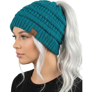 image:imageFunky Junque Ponytail Beanie for Women  Winter Hat Soft Stretch Cable Knit High Pony Tail Womens Running HatsTeal