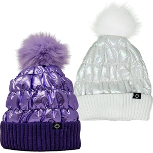 image:imageFunky Junque Shiny Puffer Knit Toddler Winter Hat Beanie with Faux Fur PomPom Fleece Lined Ages 252 Pack White  Purple