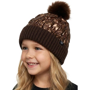 image:imageFunky Junque Shiny Puffer Knit Toddler Winter Hat Beanie with Faux Fur PomPom Fleece Lined Ages 25Bronze