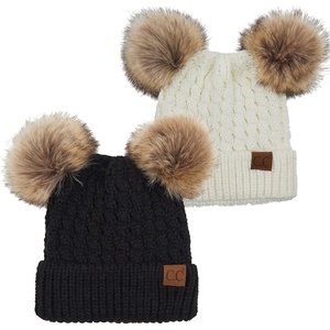 image:imageFunky Junque Womens Double Pom Pom Beanie  Soft Knit Winter Hat for Women amp Teens Warm Cuffed Beanie with Faux Fur Poms2 Pack Black  IvoryNatural Faux Fur