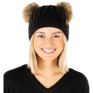 image:imageFunky Junque Womens Double Pom Pom Beanie  Soft Knit Winter Hat for Women amp Teens Warm Cuffed Beanie with Faux Fur PomsBlackNatural Faux Fur