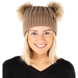 image:imageFunky Junque Womens Double Pom Pom Beanie  Soft Knit Winter Hat for Women amp Teens Warm Cuffed Beanie with Faux Fur PomsTaupeNatural Faux Fur