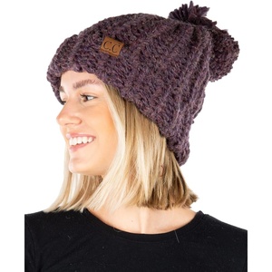 image:imageFunky Junque Womens Jumbo Yarn Chunky Knit Slip Stitch Beanie with Pom Pom HatChunky Knit  Eggplant