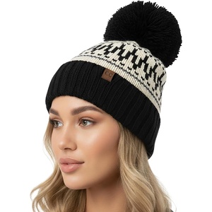 image:imageFunky Junque Womens Knit Pom Beanie  Cozy Womens Winter Hat Apres Ski Cold Weather Beanies with Geometric and Cross DesignBlack  Abstract Yarn